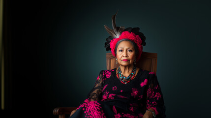 Obraz premium Portrait of a dignified elderly woman wearing colorful attire and traditional headdress in a serene indoor setting nationality,