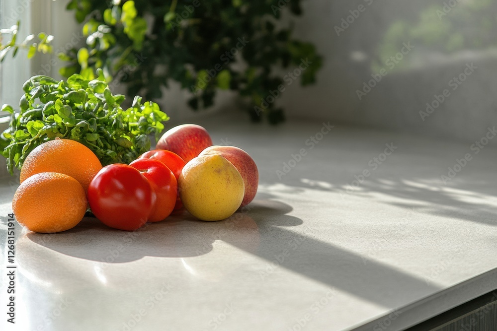 Poster fresh fruits and vegetables arranged on a kitchen countertop with sunlight illuminating the scene. g