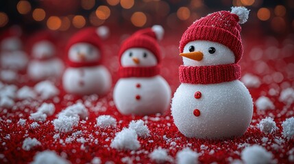 Obraz premium Cute snowmen wearing red hats and scarves on a festive background.