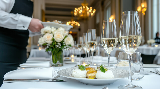 Elegant dining experience featuring a waiter serving gourmet dishes in a finely decorated restaurant with soft lighting and floral arrangements restaurant, the cook serves dishes to the table, table s