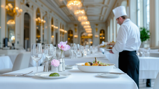 Elegant dining experience in a luxurious restaurant during a fine dining service with expertly presented cuisine restaurant, the cook serves dishes to the table, table setting - Powered by Adobe