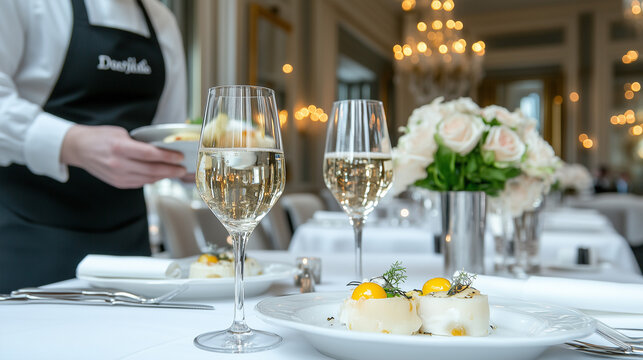 Fine dining experience with exquisite dishes and elegant decor in luxury restaurant setting in the afternoon sunlight restaurant, the cook serves dishes to the table, table setting