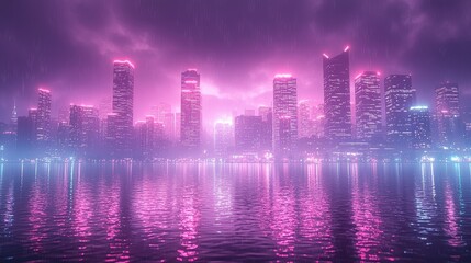 Fototapeta premium A vibrant city skyline illuminated in pink hues reflecting on water.