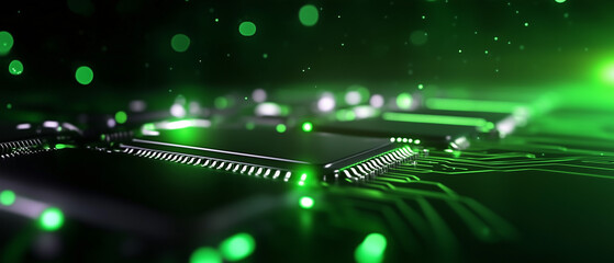 Green circuitry with microchips illuminated under bright lights shows the intricate design of modern technology in a close-up view