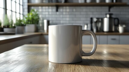 Obraz premium White Ceramic Mug on Wooden Countertop in Bright Kitchen Interior with Blurred Background