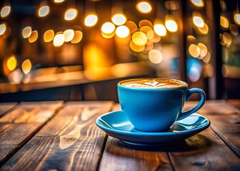 Obraz premium Cappuccino in Blue Cup on Wooden Cafe Table - Urban Exploration Photography