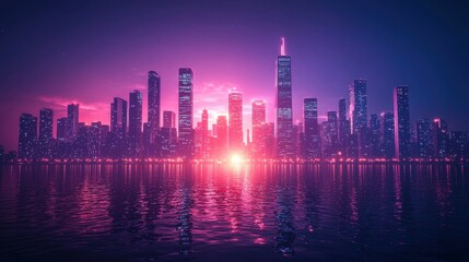 Fototapeta premium A vibrant city skyline at dusk, reflecting colors in the water.