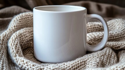Fototapeta premium White Ceramic Mug on Beige Knitted Scarf Close Up Still Life Composition