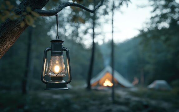 A lantern hangs from a tree branch, casting a warm glow at a campsite. In the background, a tent stands near a crackling fire amidst a serene wooded area during twilight