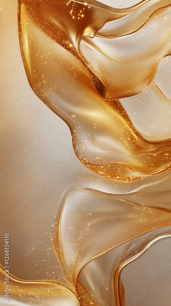 Fototapete close-up of golden fluid with sparkling particles flowing gracefully, creating an elegant and dynami