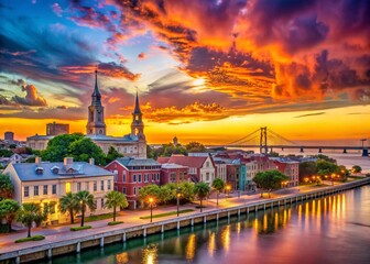 Fototapeta premium Charleston South Carolina Skyline Panoramic View at Sunset - Beautiful Cityscape Stock Photo