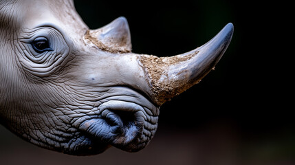 Obraz premium Close-up of a rhinoceros highlighting its horn and facial features in a natural habitat during soft afternoon light