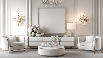 Modern living room with white walls, elegant furniture, and decorative accents. space features stylish chandelier, floral arrangements