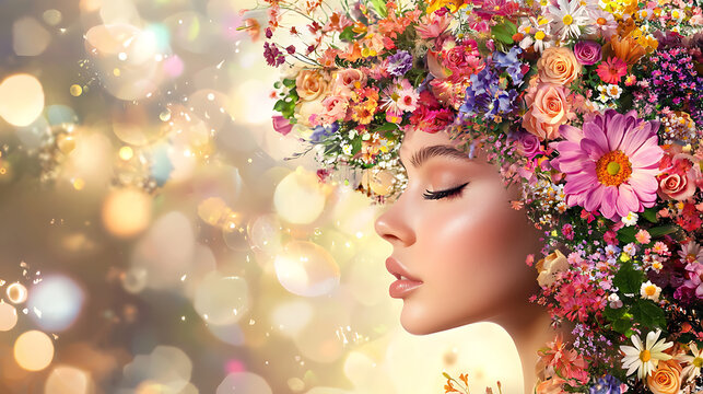 woman with floral hairstyle, surrounded by colorful flowers and soft bokeh lights, exudes serene and enchanting beauty