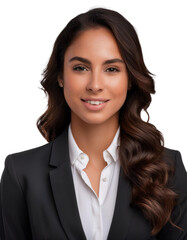 A professional headshot of a smiling young Hispanic woman in a suit, isolated against a transparent background.