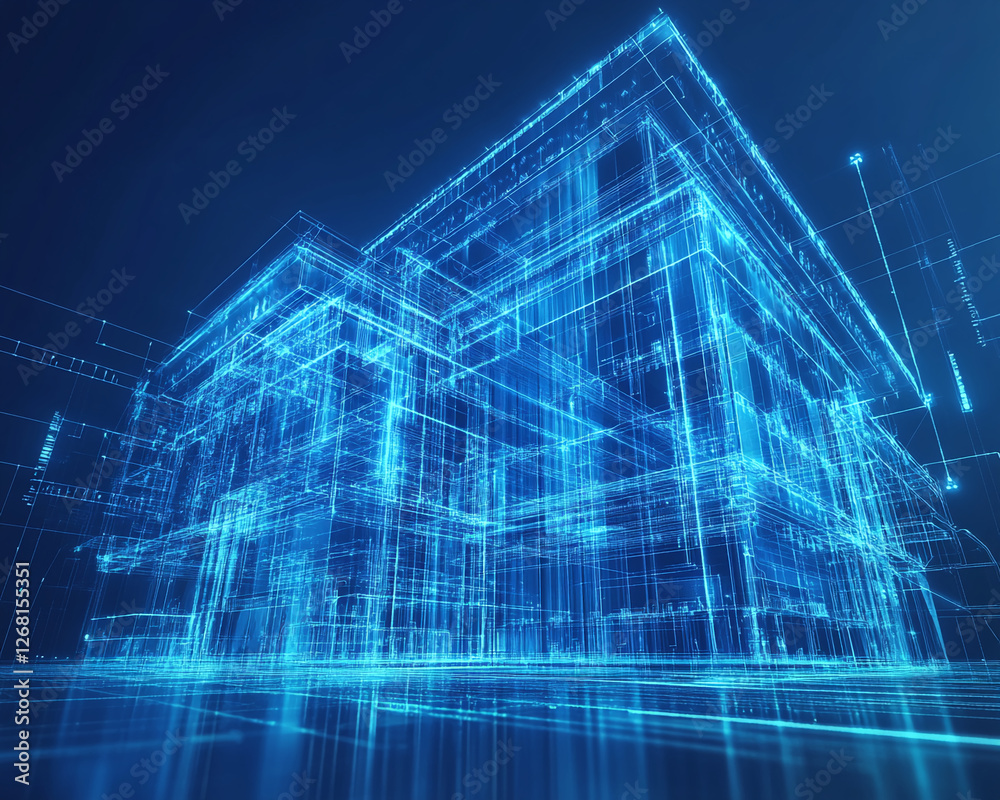 Poster 3d digital wireframe of a building structure glowing in blue light, symbolizing innovation, digital 
