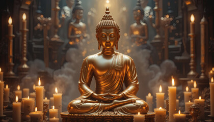 Fototapeta premium Golden Buddha statue with flickering candlelight, radiating peace and wisdom