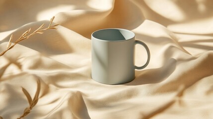 Minimalist Pastel Blue Mug on Flowing Beige Fabric with Soft Natural Lighting