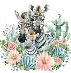 Mother and Baby Zebras Amid Lush Succulent Plants and Blooming Flowers.