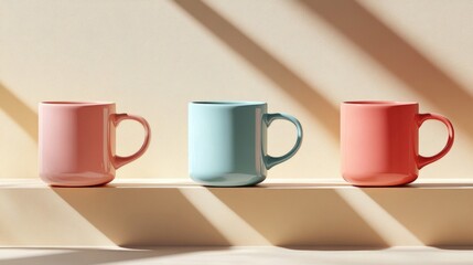 Fototapeta premium Pastel Colored Ceramic Mugs Arranged on Tabletop with Shadow Patterns in Studio
