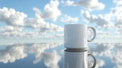 Obraz premium White Mug Reflecting Cloudy Blue Sky On A Glossy Surface For Wallpaper Background