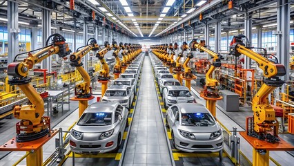 Naklejka premium Modern Car Assembly Line with Robots