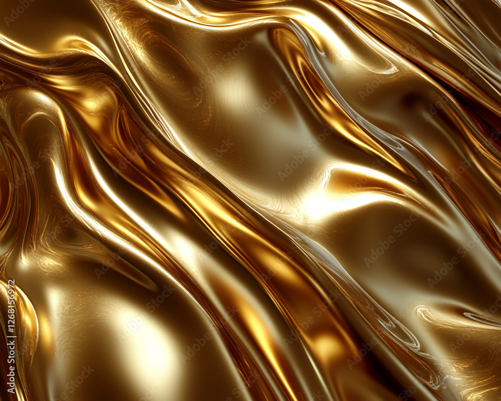 Poster Close-up of flowing golden metallic texture with smooth glossy surface creating an elegant and luxurious abstract pattern symbolizing opulence, richness, and high-end design.