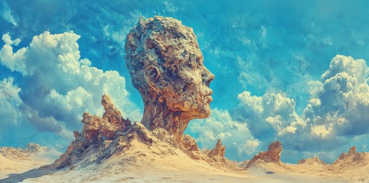 A weathered stone head sculpture emerges from a desert landscape