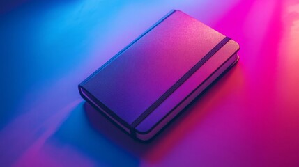 Closed Textured Notebook with Elastic Band Under Neon Lighting in Close Up