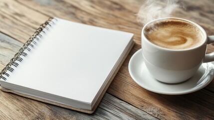 Steaming Coffee in White Cup with Blank Spiral Notebook on Wooden Table Top