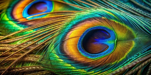 Obraz premium Close-up Vibrant Peacock Feather Eye, Intricate Patterns, Jewel Tones, Long Exposure Photography