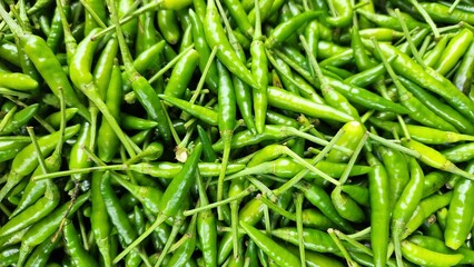 Green, Red and yellow hot chili peppers on display at a market stall.
