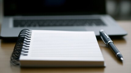 Notepad Pen and Laptop on Desk in Office with Neutral Color and Soft Lighting