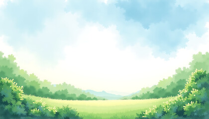 Fototapeta premium Scenic landscape with lush green grass and distant mountains