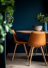 modern dining table with brown chairs, surrounded by greenery and dark blue wall, creates cozy atmosphere
