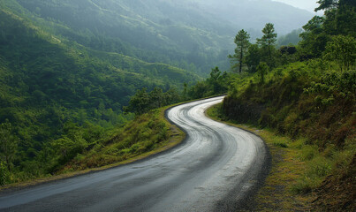 Fototapeta premium A scenic countryside road captured from an aerial perspective reveals endless rustic charm and beauty