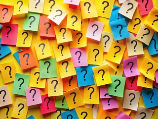 Colorful Sticky Notes with Question Marks on Yellow Background - Brainstorming Concept Stock Photo