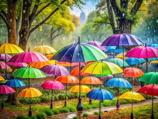 Obraz premium Colorful Umbrellas in Spring Rain - Vibrant Landscape Photography