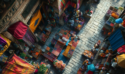Obraz premium Energetic aerial view of a bustling market exhibiting vivid colors and lively street activity dynamically