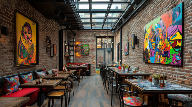Artistic cafe featuring rustic brick walls and vibrant decor that inspires creative daily social gatherings