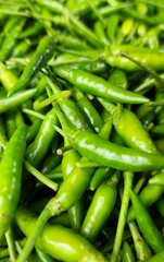 Green, Red and yellow hot chili peppers on display at a market stall.