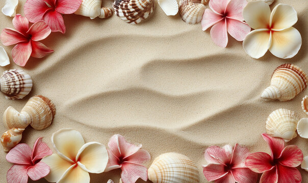 Exotic flowers and seashells elegantly frame a sandy beach texture, evoking tropical coastal charm vibrancy