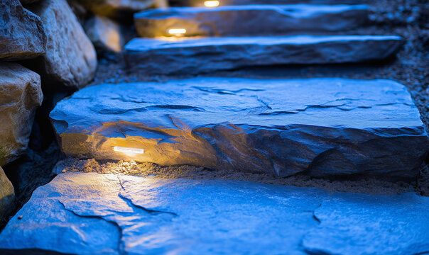Elegant stone pathway with LED accents in a park, featuring natural surroundings and calming ambiance