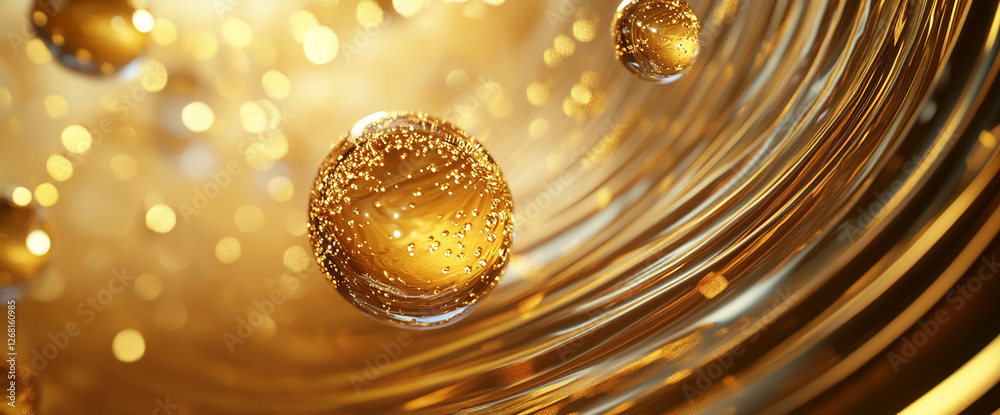 Poster Close-up of floating golden bubbles with sparkling lights, creating an elegant and luxurious abstract scene.