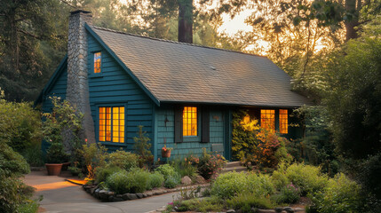 Charming painted cottage contrasts with rich forest greens, offering an idyllic countryside escape in nature