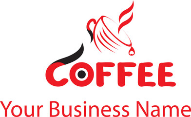 Obraz premium Creative Coffee Shop Logo Featuring a Stylized Coffee Cup and Steam with the Word 'COFFEE' in Bold Red Letters and Space for Custom Business Name