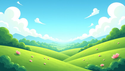 Obraz premium Colorful landscape with blooming flowers and rolling hills