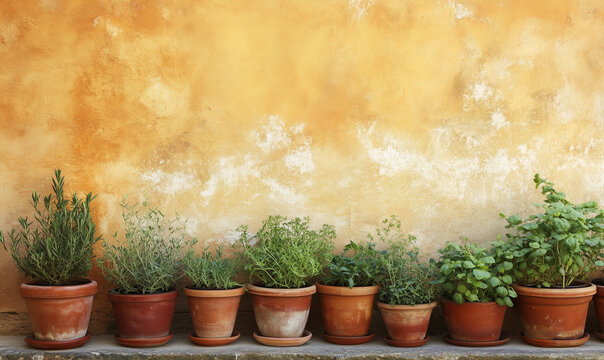 Fresh herbs and clay pots elegantly border an earthy wall surface, bringing rustic vibes to decor