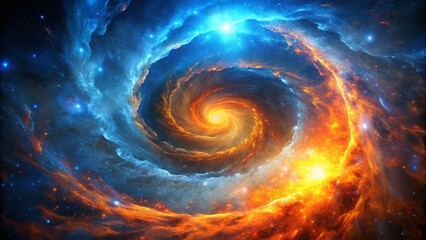 Cosmic Spiral Nebula: Fiery Orange and Electric Blue Celestial Art - Stock Photo