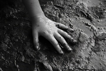 Child s hand rests in a dark muddy texture